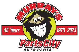 Bright logo of Murrays Parts City Auto Parts celebrating 48 years, featuring a bearded cartoon face with a big smile, red and black text, highlighting automotive parts, history from 1975 to 2023.