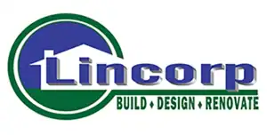 Lincorp logo featuring a house icon with the tagline "Build, Design, Renovate" in green and blue colors, representing a construction and renovation company.