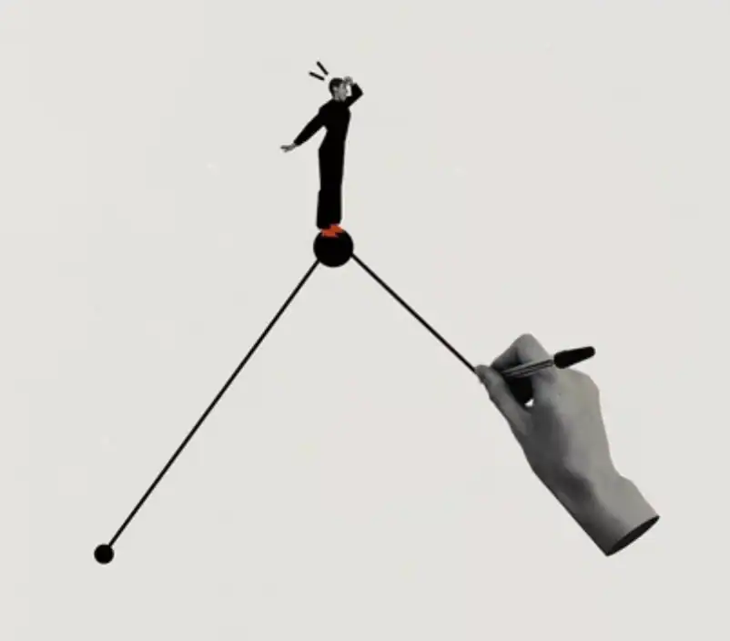 High-stress situation depicted with a person balancing on a ball, illustrating the importance of strategic planning and resilience in business or personal challenges.