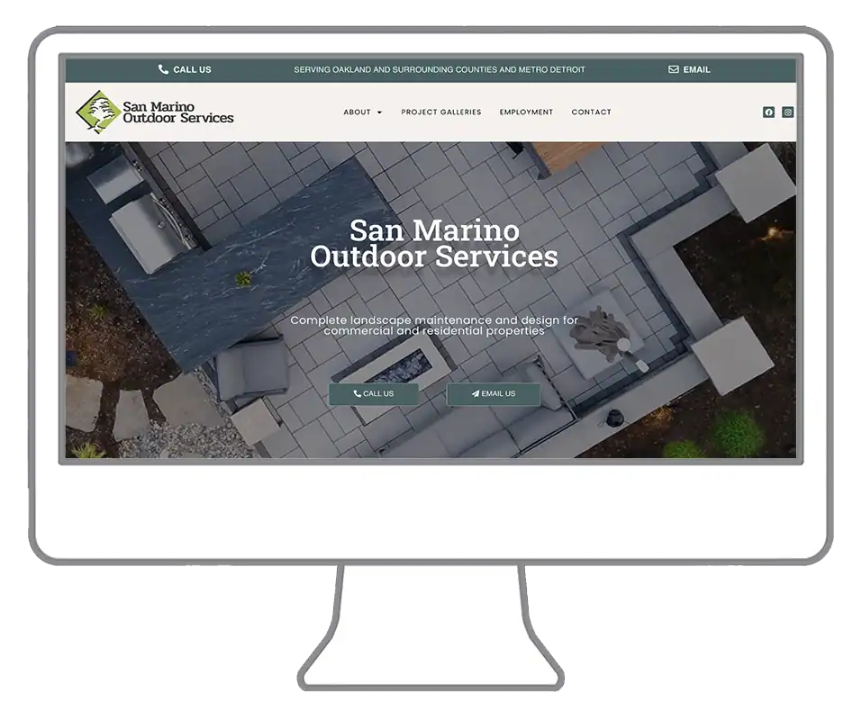 Modern outdoor patio design and landscape maintenance services by San Marino Outdoor Services. Expert landscaping for commercial and residential properties in Oakland and Metro Detroit.