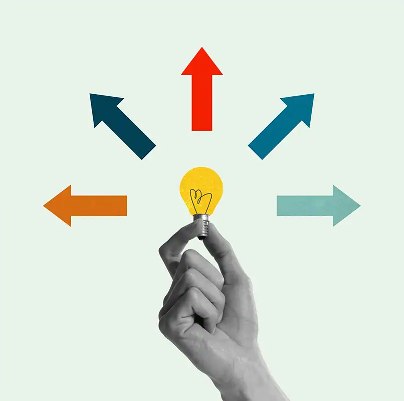 Creative decision-making concept with a hand holding a lightbulb and colorful directional arrows symbolizing options and ideas for business or innovation, digital illustration.