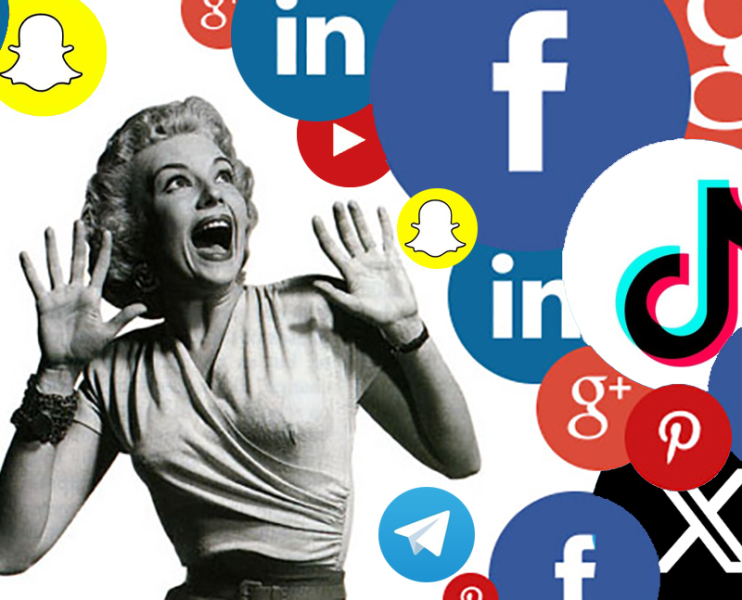 Women reacting to overwhelming social media icons, representing digital stress and social media management, emphasizing Social Media Marketing, engagement, and digital communication strategies.