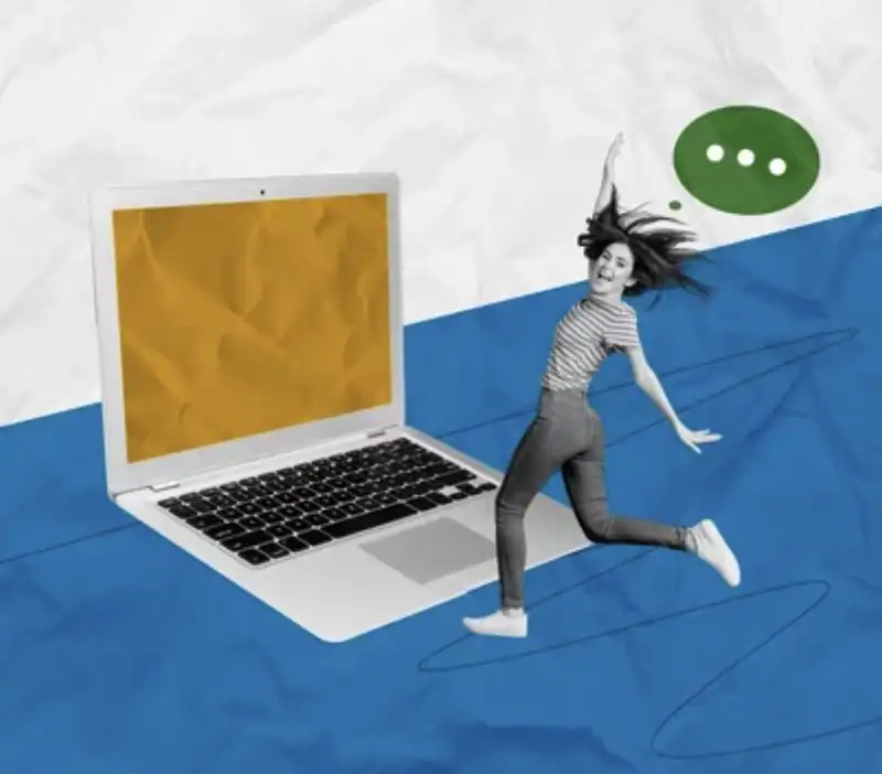 Redo digital transformation concept with a woman jumping next to a laptop, emphasizing revitalization and fresh start in technology.